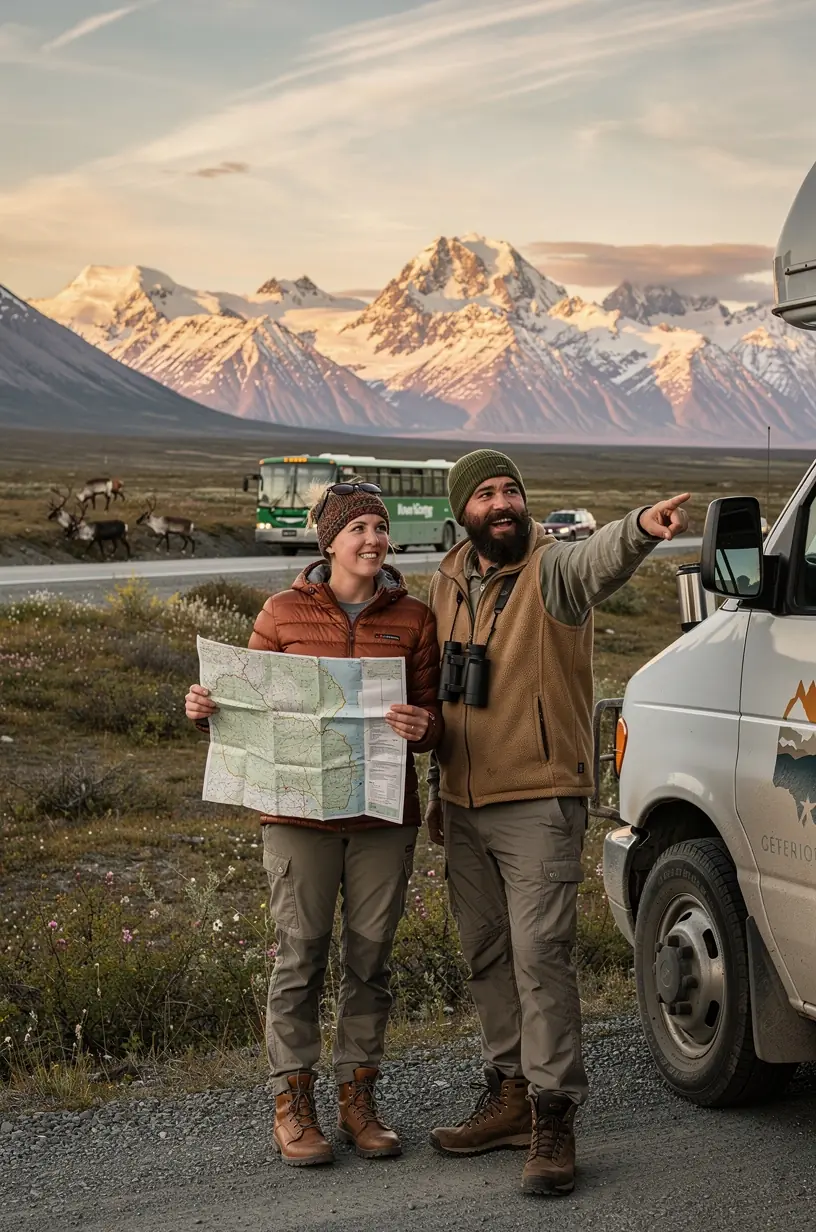Snow-capped peaks rise above a glacial valley seen from a designated nature-viewing pullout